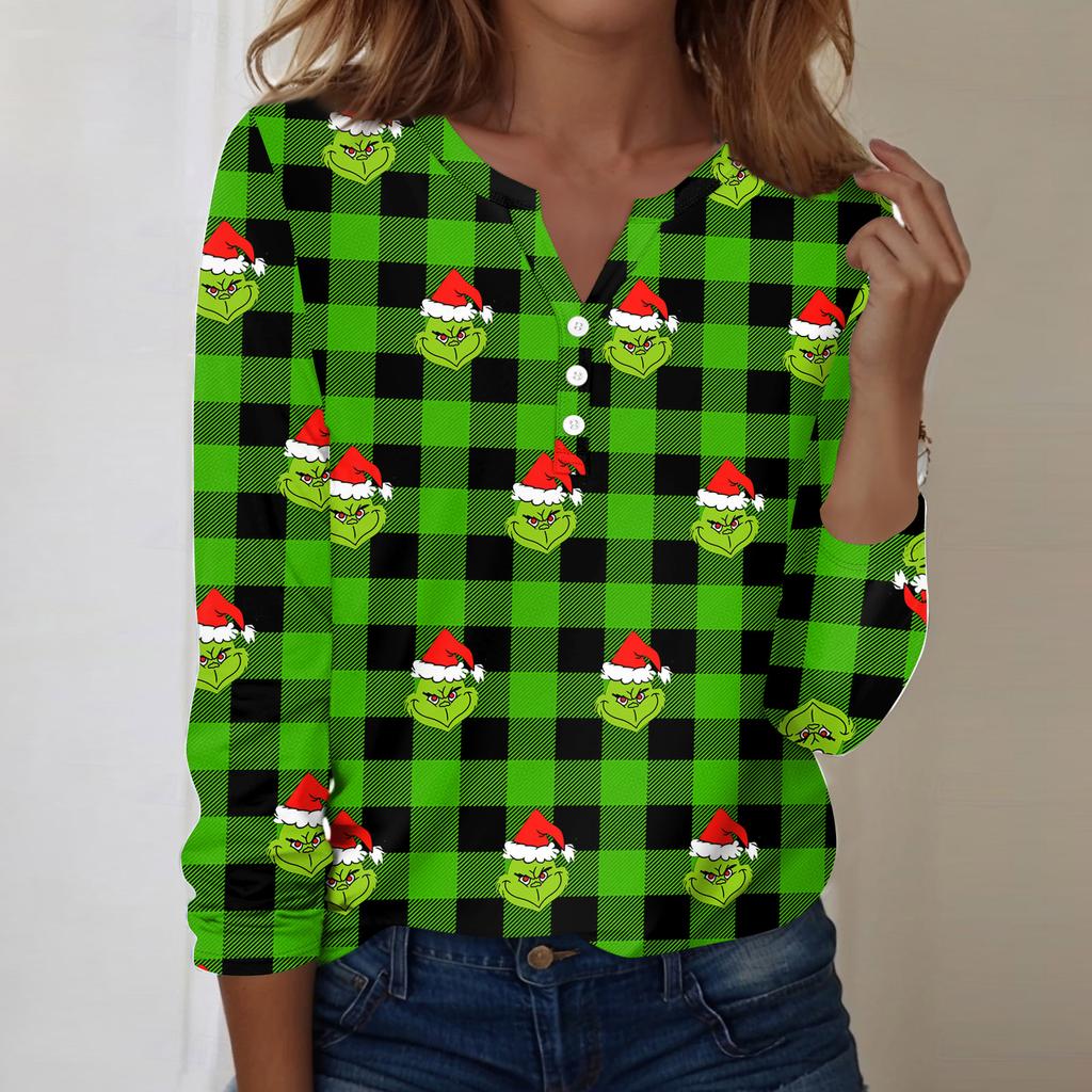 Women's Fashion Casual V-Neck Long Sleeve Decorative Button Christmas Print Top