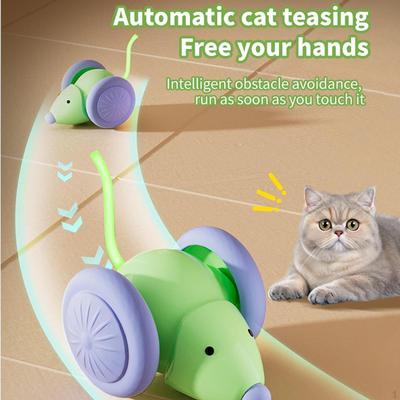 Cat Toy Car Vivid Electric Mouse Teaser Stick for Hunting Game Playing Kitty Green