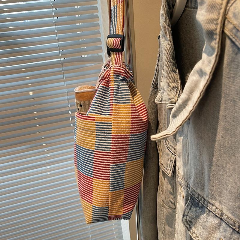 Striped Plaid Bucket Bag Women's Shoulder Bag Color Block Tote Bag