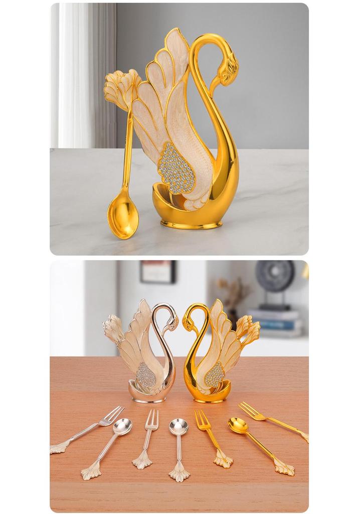 European Luxury Gold & Silver Rhinestone Swan Spoon and Fork Set with Swan Stand