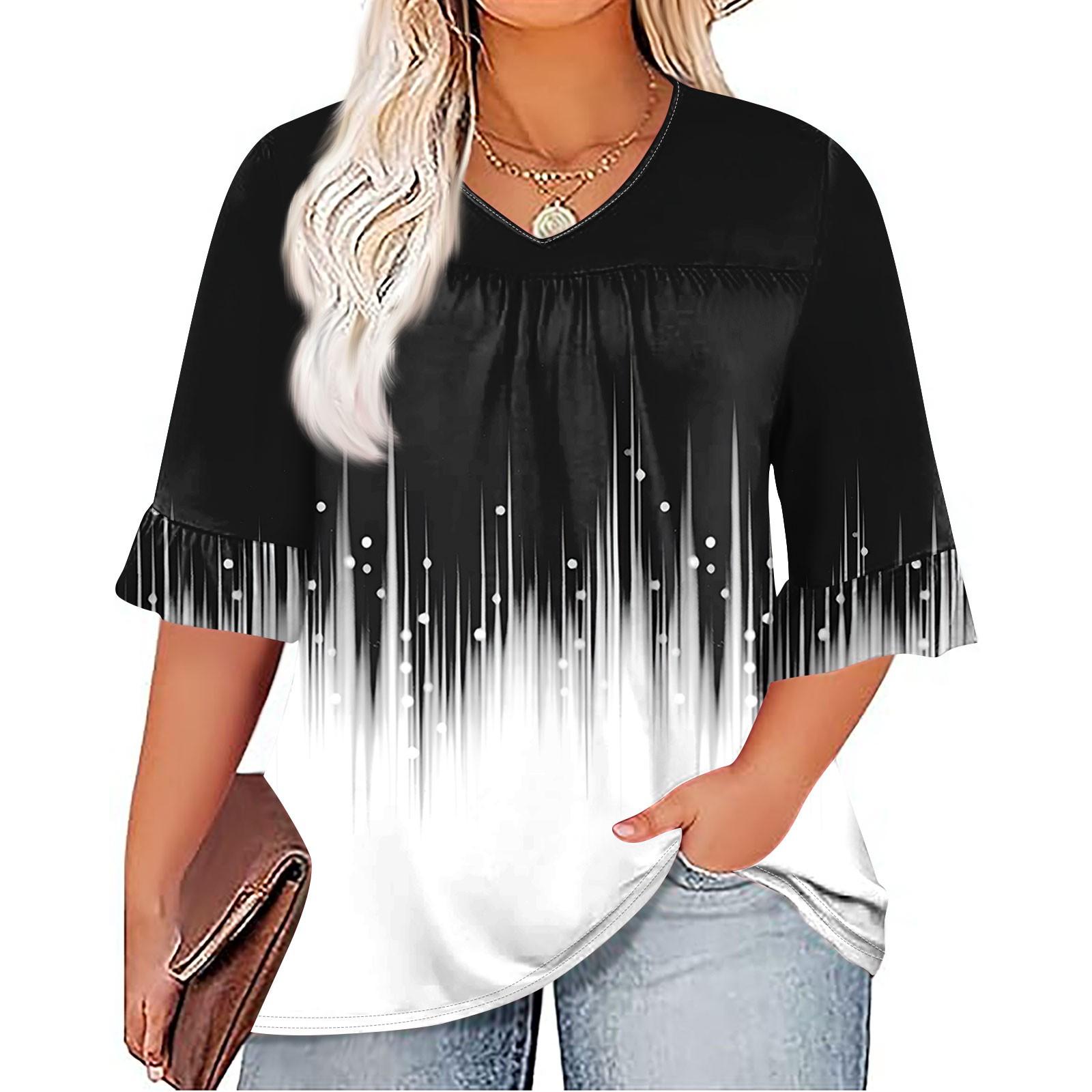 

Женская мода, повседневная плиссированная футболка с v-образным вырезом и принтом, семиминутная футболка с рюшами и рукавами, топы больших размеров XXXXL тёмно-синий