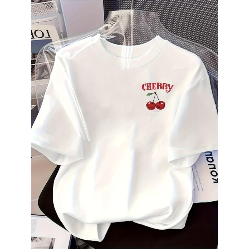 Dámské tričko s potiskem třešní, kulatý výstřih, krátký rukáv, sladké, jaro, léto, párty, ležérní, po celý rok, pratelné v pračce, top
