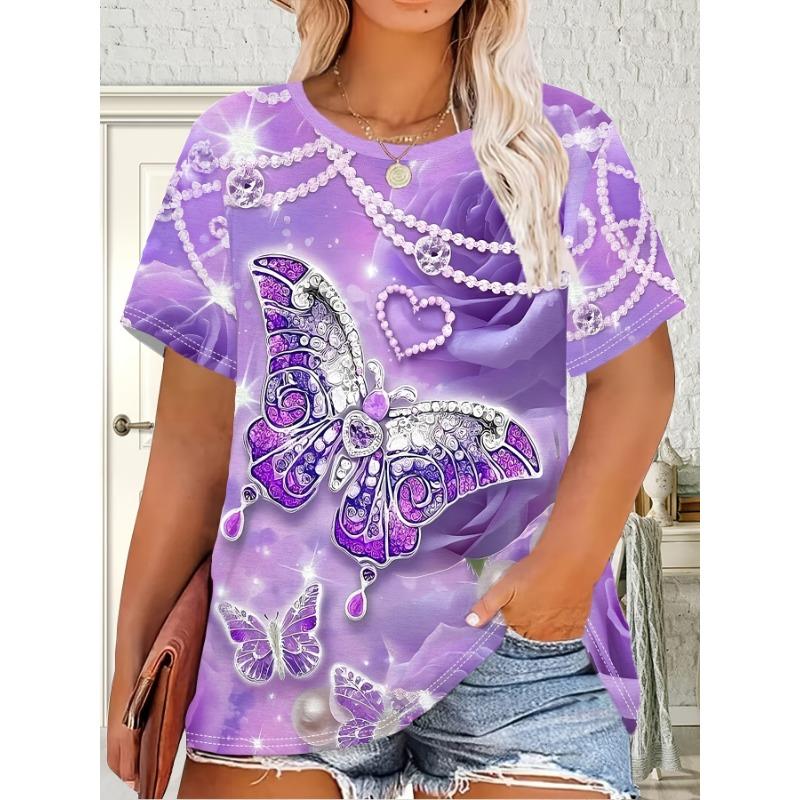 Butterfly and Flower Multicolor Print, Women s Plus Size T-shirt S