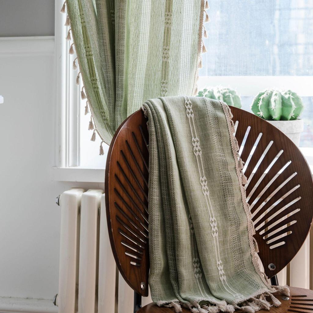 Imaqi Yun Green Striped Embroidered Semi-Blackout Curtains for Kitchen & Living Room