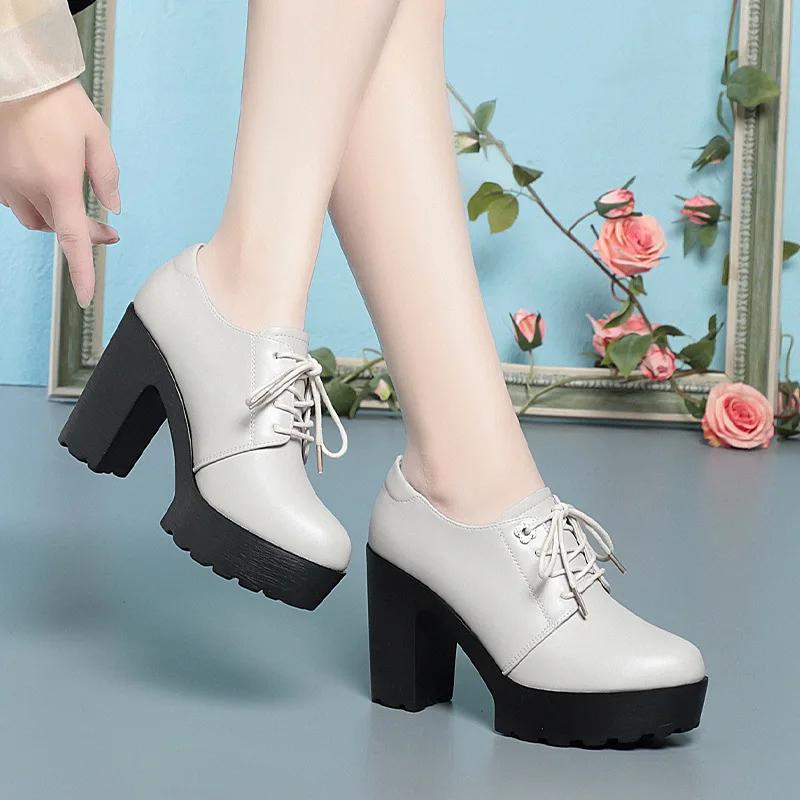9.5cm British Style Soft Leather Chunky Platform Shoes 2025 Spring Block High Heels Shoes Women Oxfords for Office Model