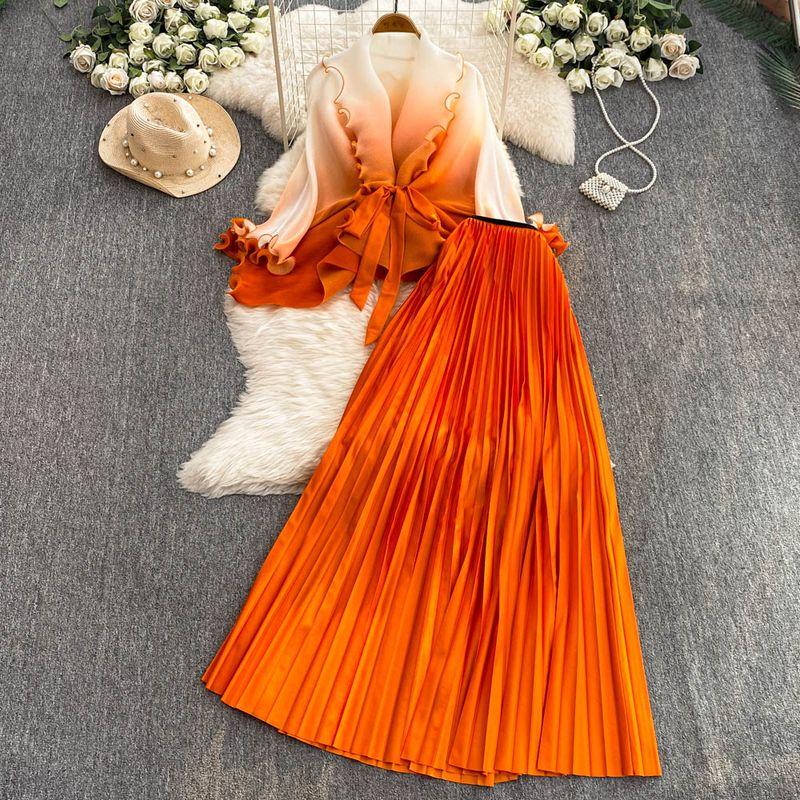 

Fashion Suit Women s Fancy Gradient Color Sanzhai Wooden Ear Waist-Controlled Top Two-piece Set High Waist Pleated Skirt Orange One size