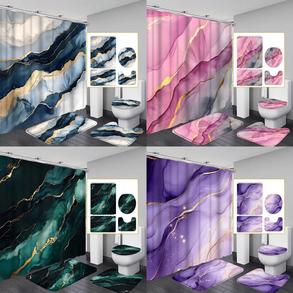 1pc/4pcs Multi-Color Marble, Multi-Color Background Pattern Shower Curtain, Modern Personality Bathroom Decoration, Fabric Sho