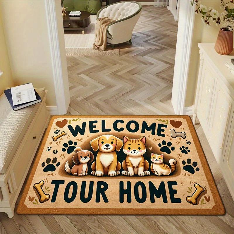Benvenuto a Casa Zerbino Tappeto con Stampa di Cane, Adorabile Design Cucciolo Gatto Antiscivolo in Poliestere per Decorazione Cucina Soggiorno