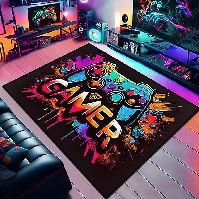 3D Neon Gaming Controller Carpet Full Coverage Rug Mat for Home Decoration Glowing Joystick Pattern Gaming Room Floor Decor