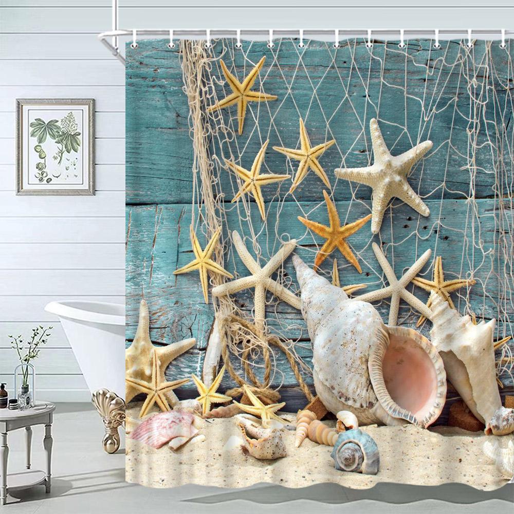 Starfish Beach Bath Shower Curtain Shells Rustic Wooden Planks Palm Trees Natural Landscape Printed Bath Curtains Bathroom Decor