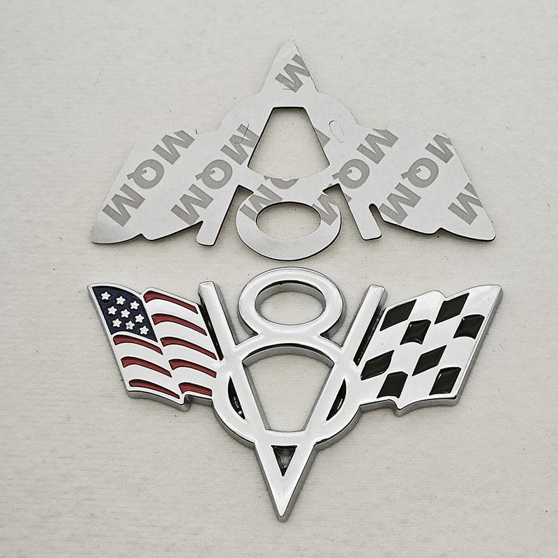 3D Metal V8 Engine Badge Cross Flag Car Emblem Front Grille Decal Trunk Sticker Universal Auto Styling Accessories