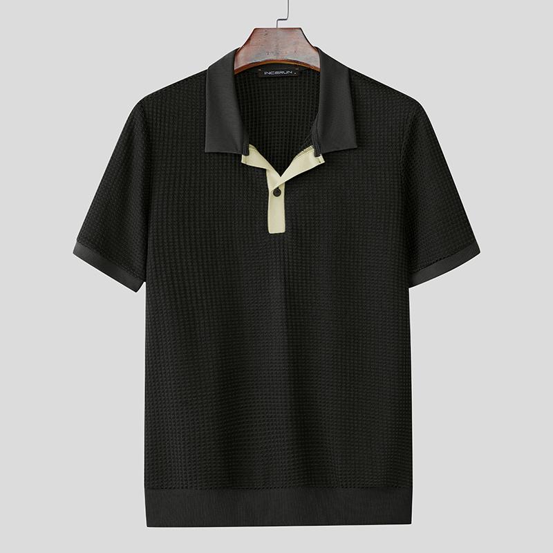 

INCERUN Summer Men Lapel Neck Short Sleeve Texture Casual Office T-shirts Tops S чёрный