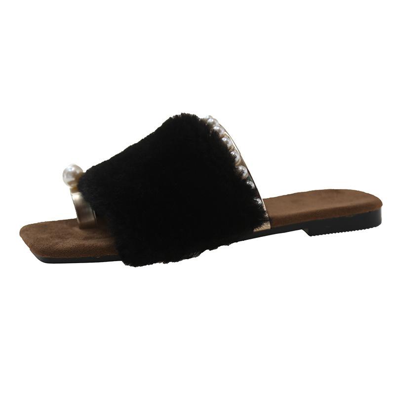 

Fairy wind French fluffy slippers female outer wear 2024 summer and autumn new Xiaoxiangfeng flat bottom non-slip lazy one-word drag 35 чёрный