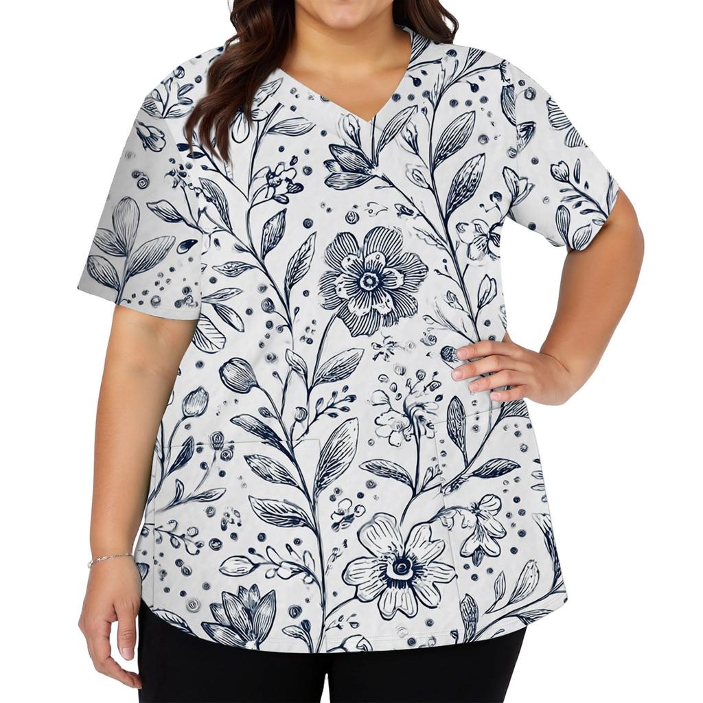 Women's Fashionable V-neck Short-Sleeved Work Top With Double Side Slits And Pockets, Featuring A Retro Floral Print.