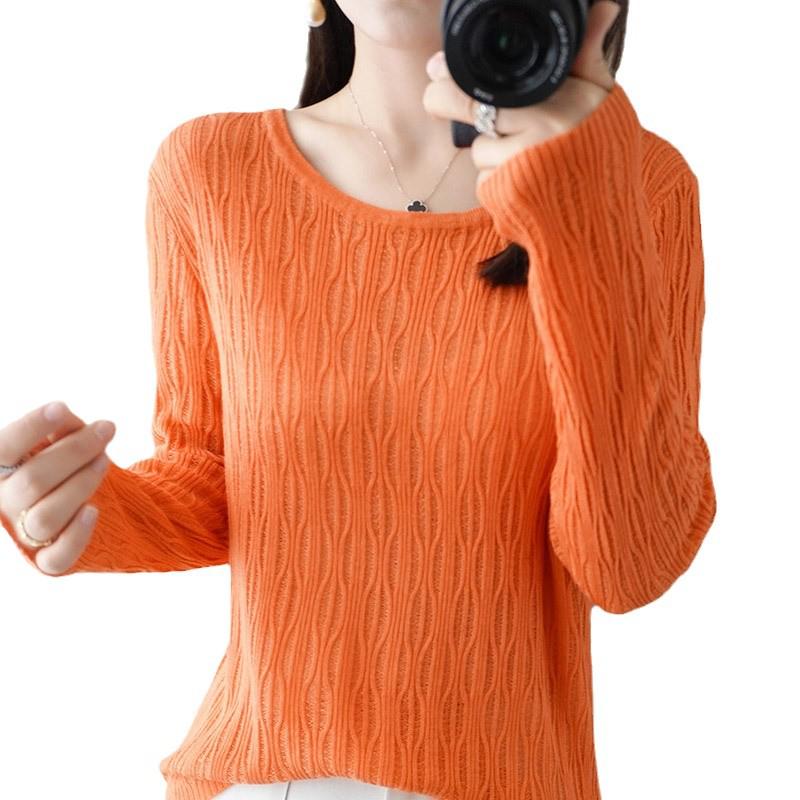 Women's High-Quality Round Neck Crochet Knit Pullover - Long Sleeve, Lightweight, Warm Wool Base Layer Top