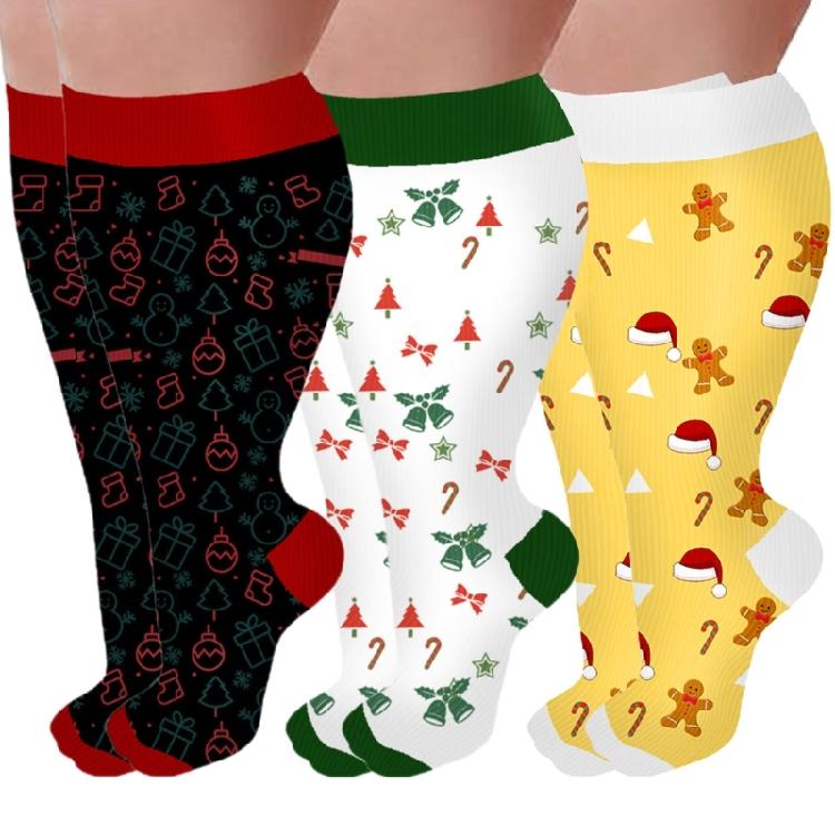 3 Pairs Christmas Pattern Athletic Wide Calf Compression Socks for Men and Women Running Flight Travel Nurses Pregnant