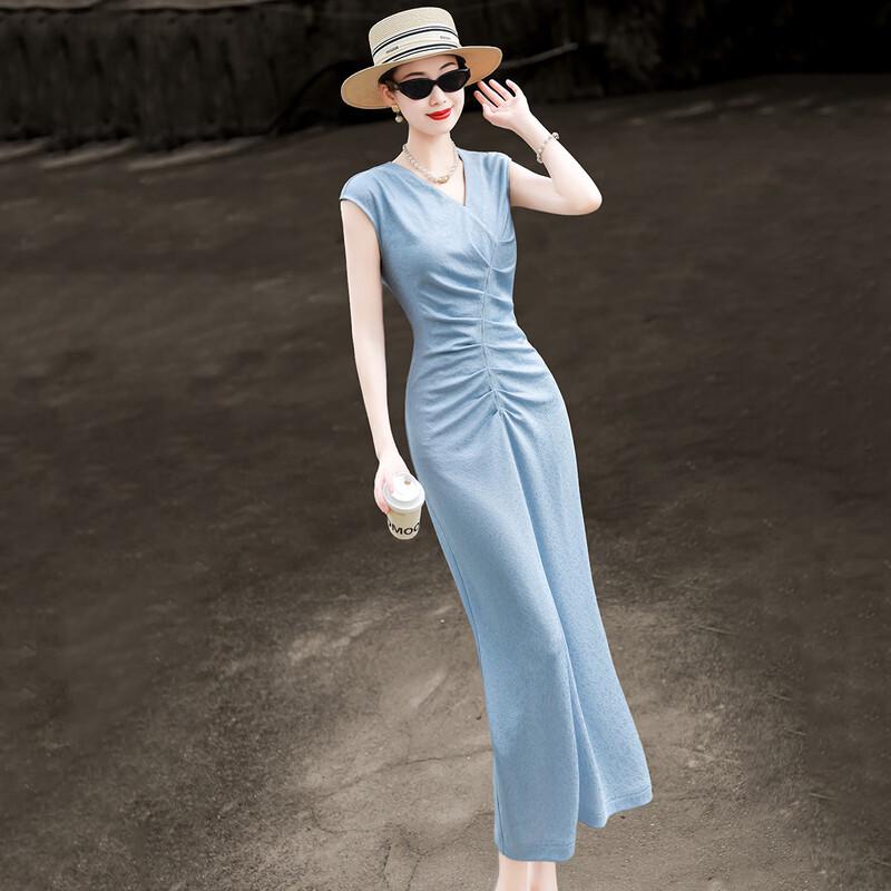 

Women s V-Neck Pleated Sleeveless Midi Sheath Dress S
