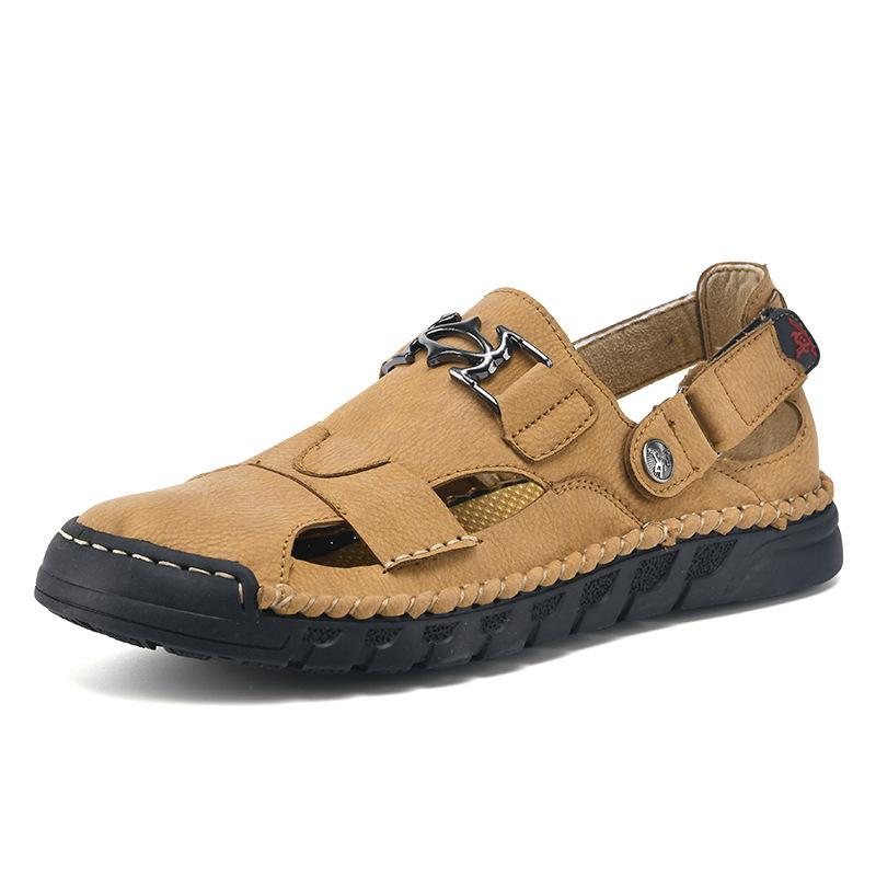 

Летние новые дышащие туфли с отверстиями мужские мягкая подошва нескользящие полые повседневные кожаные туфли для улицы большого размера сандалии с закрытым носком тренд 38 светло-коричневого