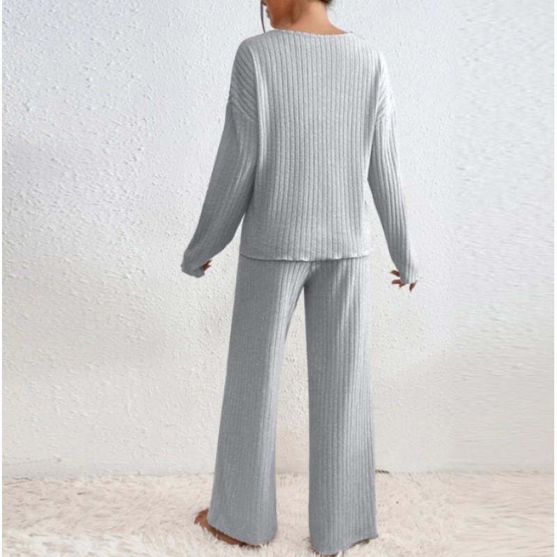 Womens Long Sleeve V-Neck Solid Color Knit Top Casual Pants 2-Piece Set Fall 2026