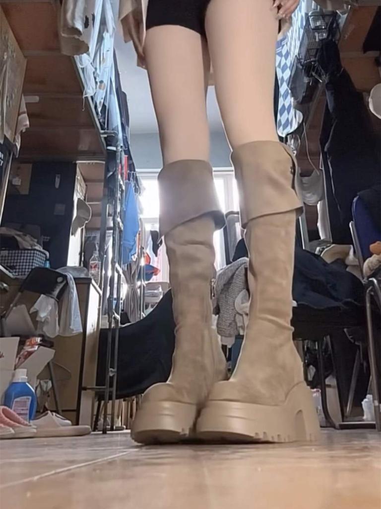 Khaki Knee Boots Women's Spring and Autumn Suede Two-wear Long Boots Thick Heel High Knight Boots Thick-soled Western Boots