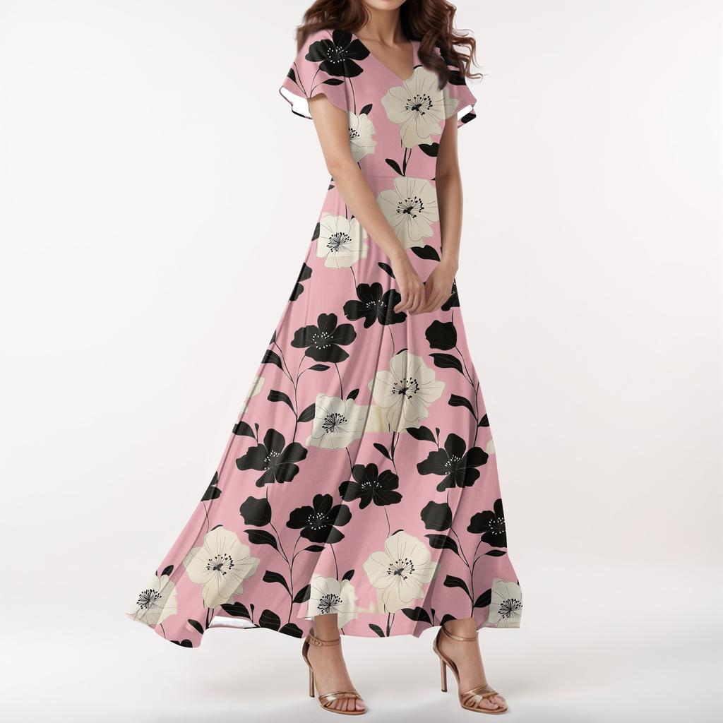 Lässiges Damenkleid mit V-Ausschnitt, kurzen Ärmeln und hoher Taille, Retro-Blumenblatt-Print