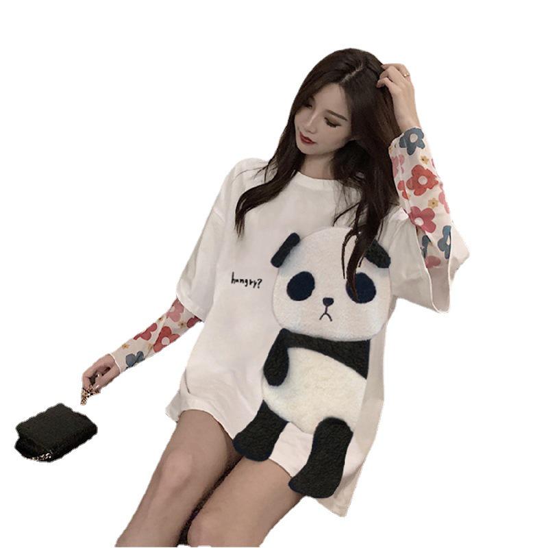 Camiseta de Verão Feminina de Comprimento Médio Bordada com Desenho Animado Coreano