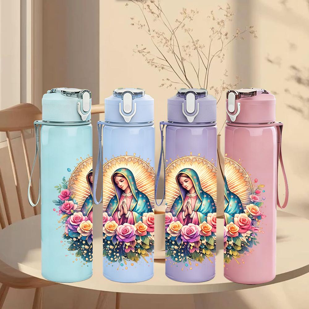 1 Stück Blumiger runder Kranz Jungfrau Maria 750 ml Farbe Kunststoff-Wasserflasche Auslaufsicherer Klappdeckel mit Strohhalm Für Sport Büro Heimgebrauch