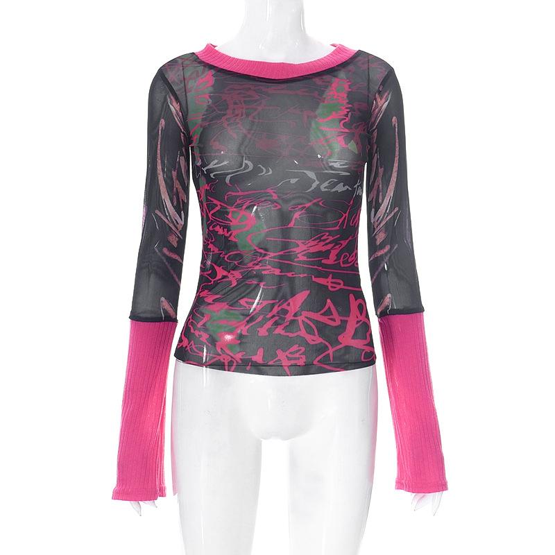 

Футболки с графическим рисунком, уличная одежда с принтом, одежда Y2k, женский прозрачный сетчатый лоскутный топ с длинными рукавами, повседневный пуловер с круглым вырезом S розы красного