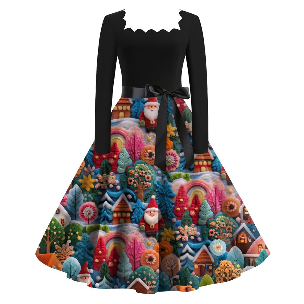 Women's Fashion Retro Long-sleeved Square Collar Christmas Printed Evening Dress