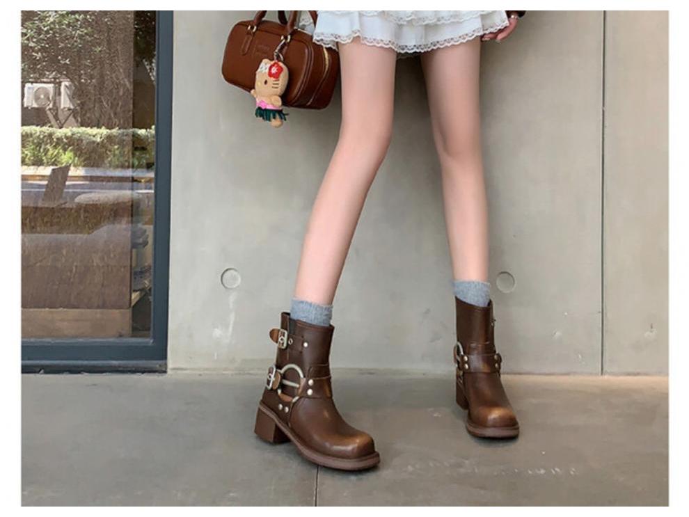 Women's Chunky Heel Belt Buckle Martin Boots - Brown Western Cowboy Ankle Boots, 2025 Punk Rider Vintage Style