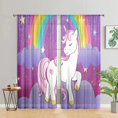 2 Pieces, Cute Rainbow Unicorn Curtains for Girls - Semi Blackout - Suitable for Living Room, Bedroom, Kitchen, Home Decoration