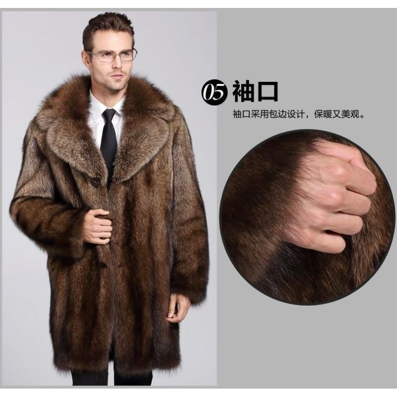Men's Luxury Brown Faux Mink Fur Coat Long Length Lapel Warm Winter Overcoat