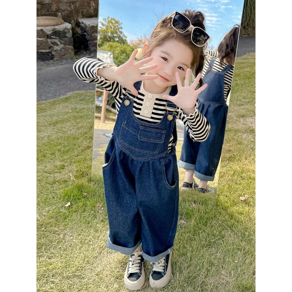 Boys Girls Pants Denim Strap Pants Jumpsuit Autumn Personalized Pocket Strap Pants Children's Jumpsuits Kids Clothing