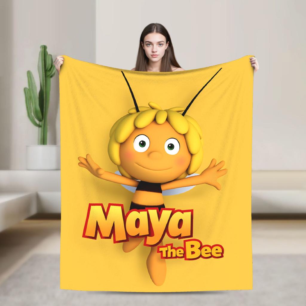Maya The Bee With Flowers Blanket Cartoon Soft Comfortable Plush Throw Blanket For Couch Bed Camping Flannel Bedspread Bed Cover