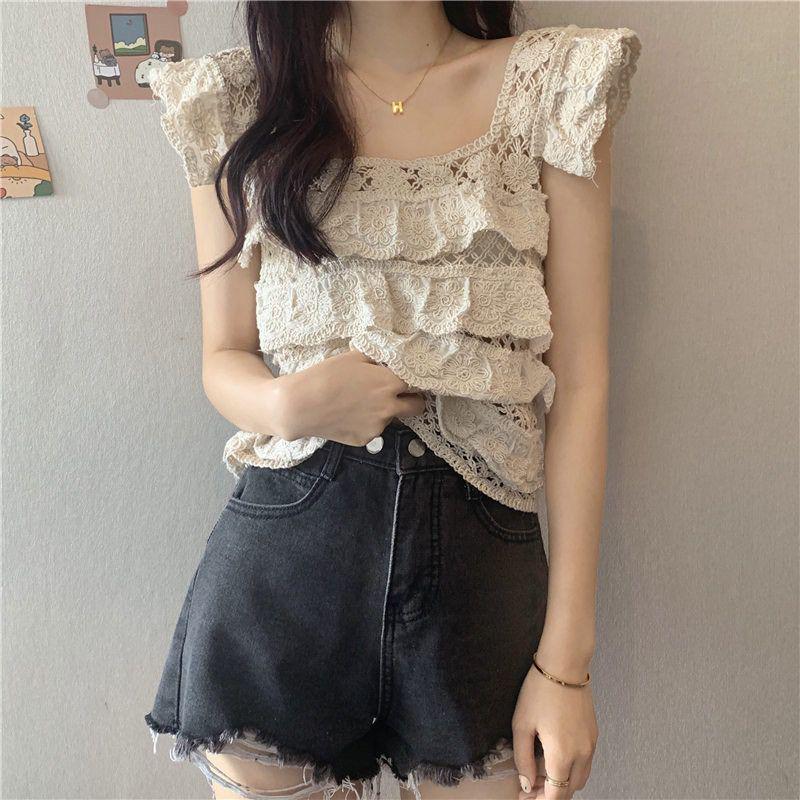 Women s Summer Lace Ruffle Square Neck Sleeveless Top with Eyelet Details Default