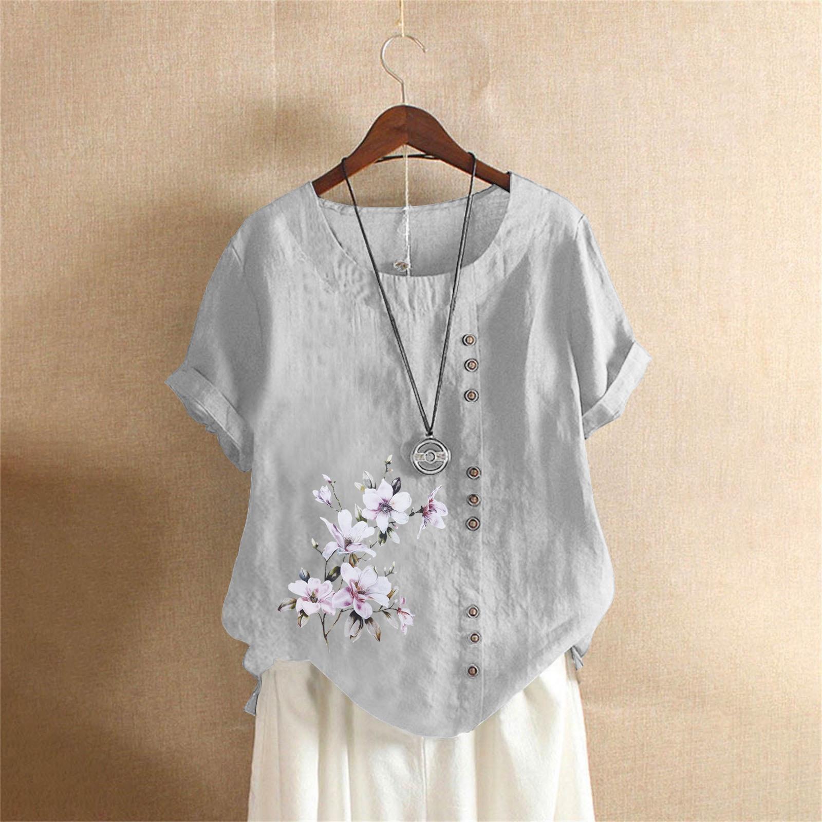 

Женская одежда из хлопка и льна, летняя и осенняя, в стиле ретро, повседневная свободная футболка с короткими рукавами 4XL серый