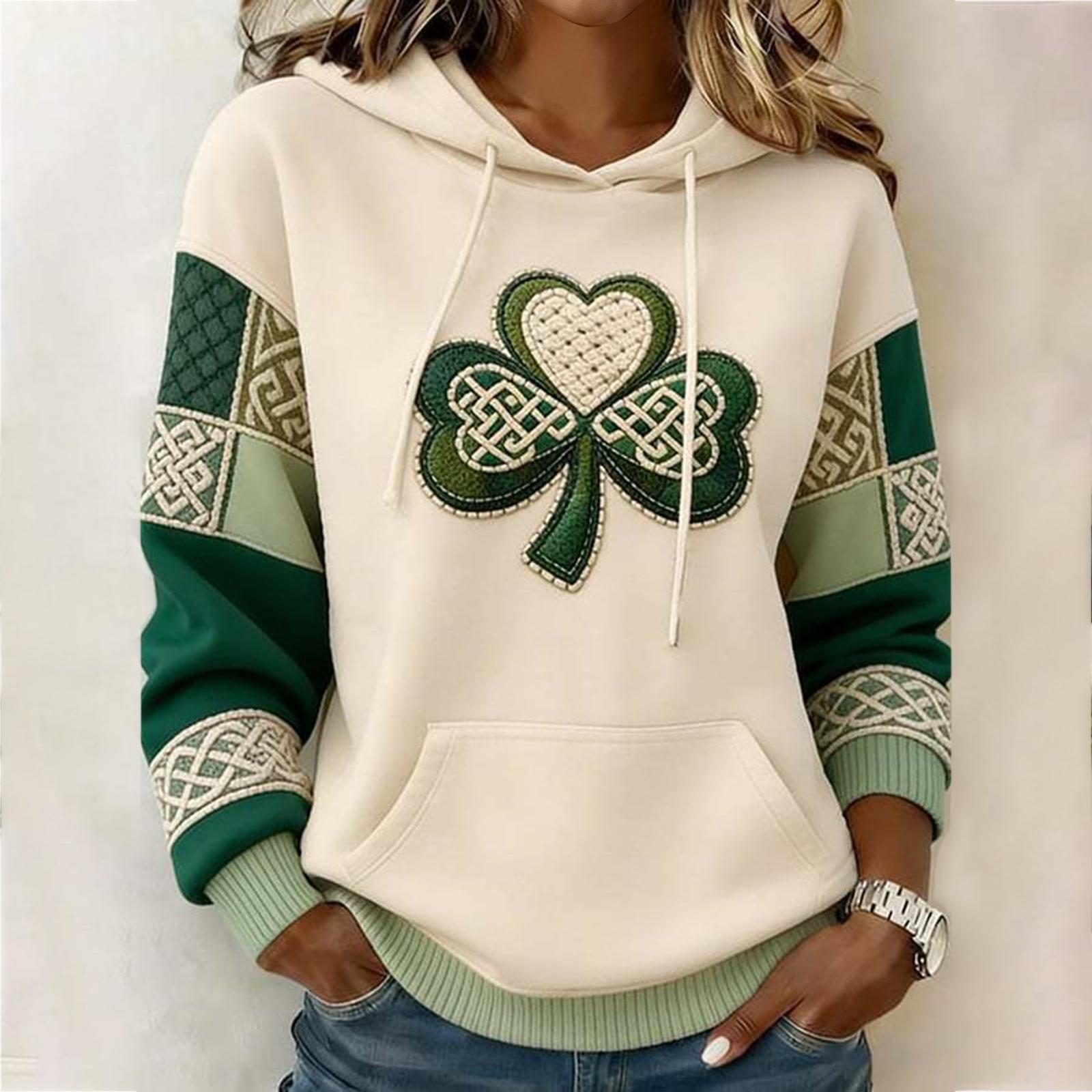 

Women s Fashion Casual Long Sleeve Hooded St. Patrick s Day Print Sweatshirt XXXL бежевий