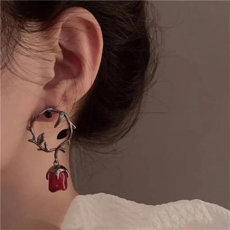 Cercei Gotici Dark Thorn Viță de Vie Trandafir Roșu Înflorat pentru Femei Fete Bijuterii Punk Modă Nouă Accesorii de Petrecere Cadouri de Ziua de Naștere