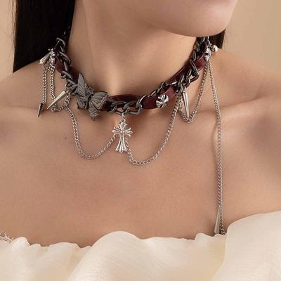 Subculture Hottie Collar Sweet Cool Metal Butterfly Leather Collarbone Chain Punk Niche Winding Rivet Tassel Necklace
