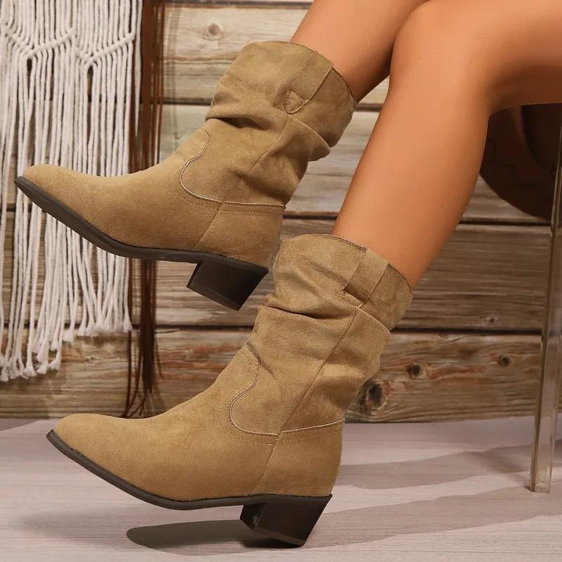 2024 New Brown Chelsea Suede Ankle Boots with Pleated Midpiece, Pointed Toe, Thick Heel, Children's Autumn and Winter