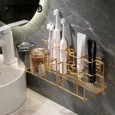 Étagère murale suspendue en fer doré S/M/L, support de rangement pour brosse à dents, tasse, salle de bain, douche sans poinçon