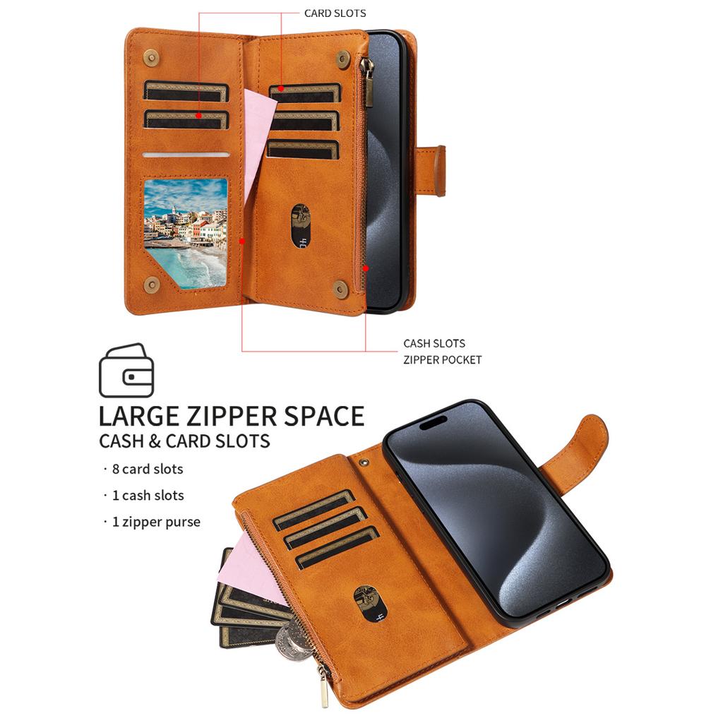 Hochwertige Reißverschluss Kalbsleder Streifen Handyhülle für Iphone16 15 14 Pro Max Plus 13 12 11Pro Mini 7 8 XS Klapphülle, Brieftasche, Kunstleder