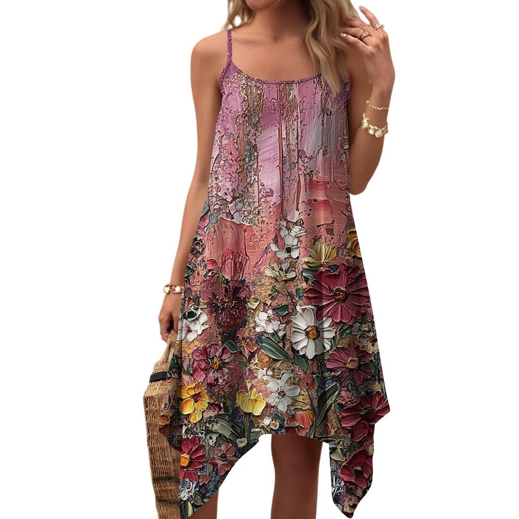 Dam sommar vardaglig vintage blommig tryck rund hals justerbar hängselklänning med fickor