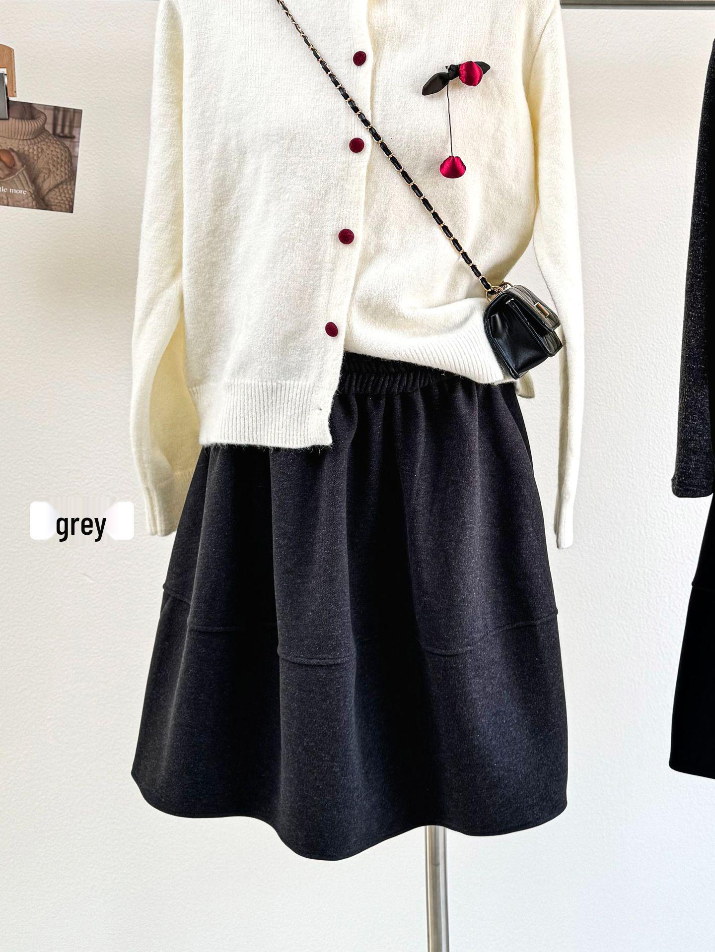 Autumn/Winter Retro Wool A-line Skirt: Thickened, Solid Color, Korean Style, Fluffy, Versatile One Size серый