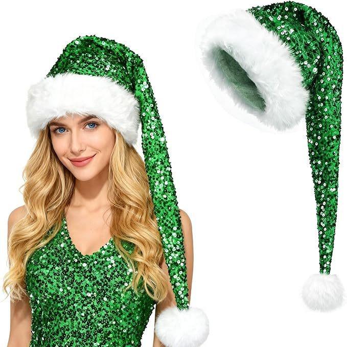 Adult Christmas Sequin Double-Layered Long Fur Hat - Multi-color, Festive Decoration