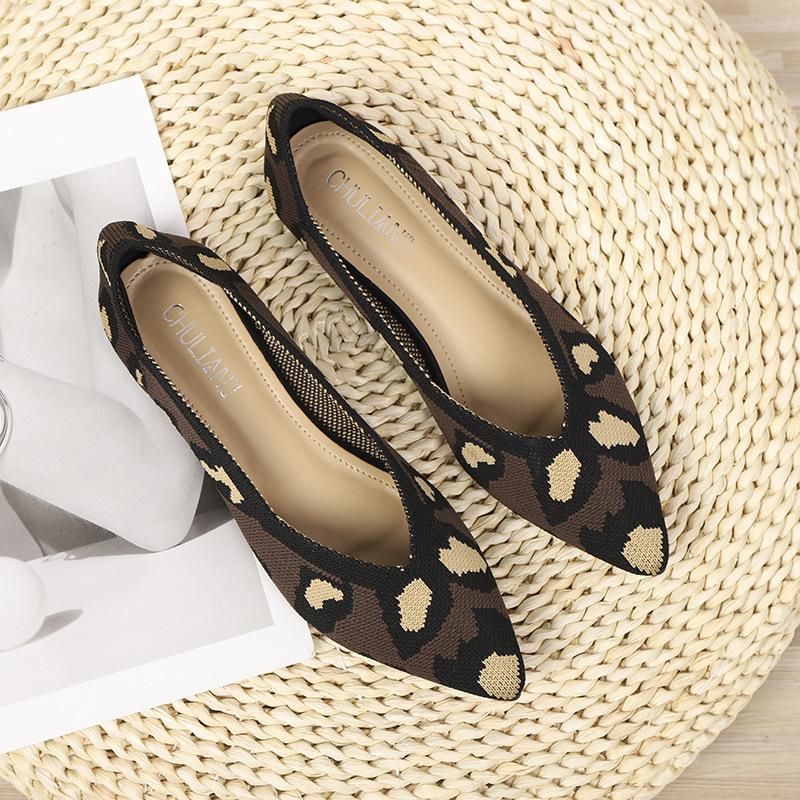 Shoes Pointed Fly-woven Shoes Flat-bottomed Breathable Woven Boat Shoes Leopard Print Light Mouth Stripe Color Single Shoes Women