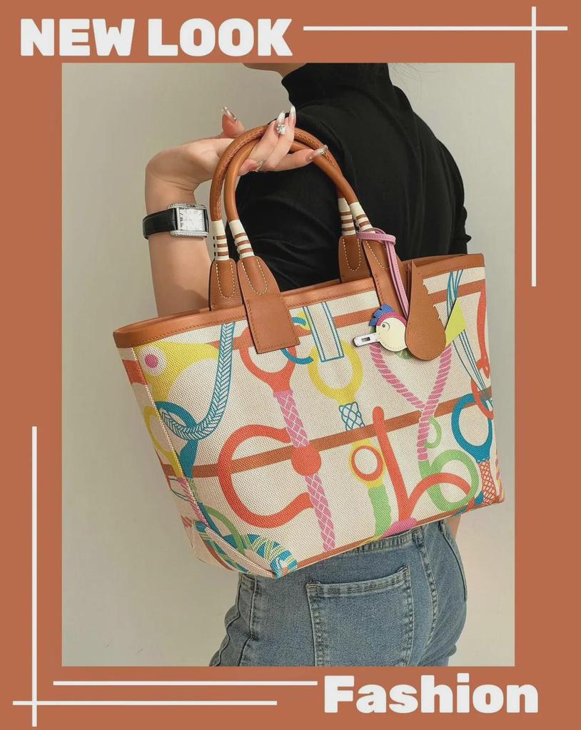2025 Handmade Genuine Leather & Canvas Tote - Colorful Women's Garden Shopping Bag