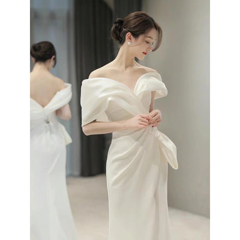 One-word Shoulder White French Dress 1011 New Summer Light Luxury Niche High-end Engagement Fishtail High-end Evening Dress