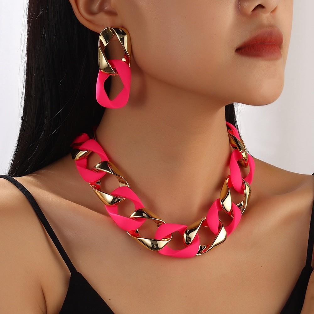 Fluorescent Resin Female Necklace And Earrings Jewelry Set With Electroplated Finish Autumn For