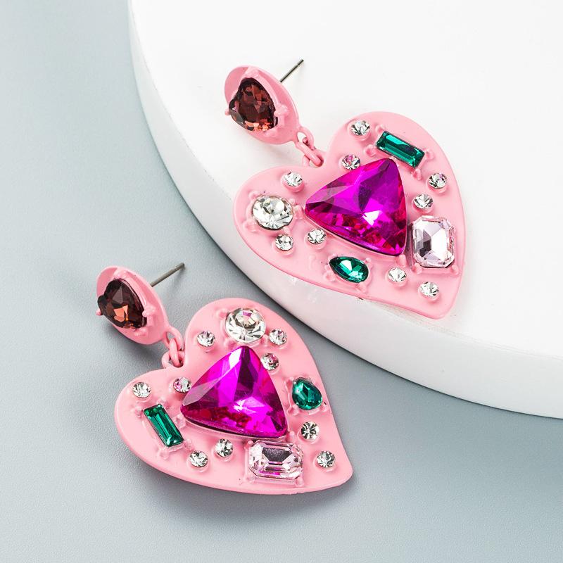 Women's Study Earrings Creative Exaggeration Alloy Spray Paint Rhinestone Inlaid Crysrtal Love Heart Temperament Earrings